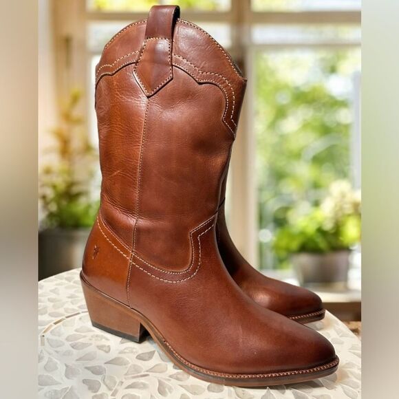 FRYE Nataly Western Leather Inside Zip Tall Cognac - Picture 5 of 12